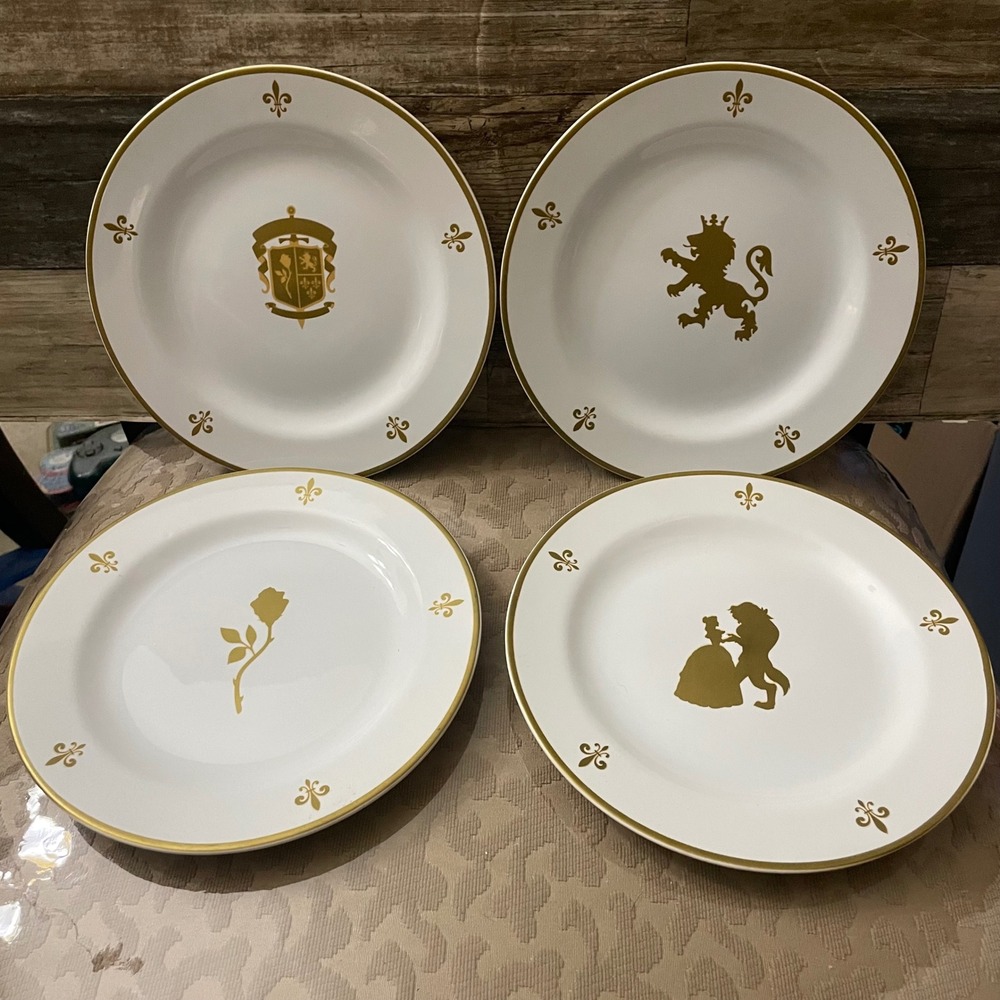 Disney Parks Beauty and the Beast Gold Silhouette Dinner Plate Set of 4 Ceramic